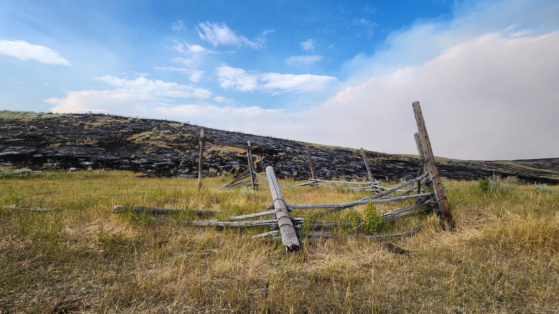Historic remains of a horse corral next to a large burned section of Wyoming grassland.