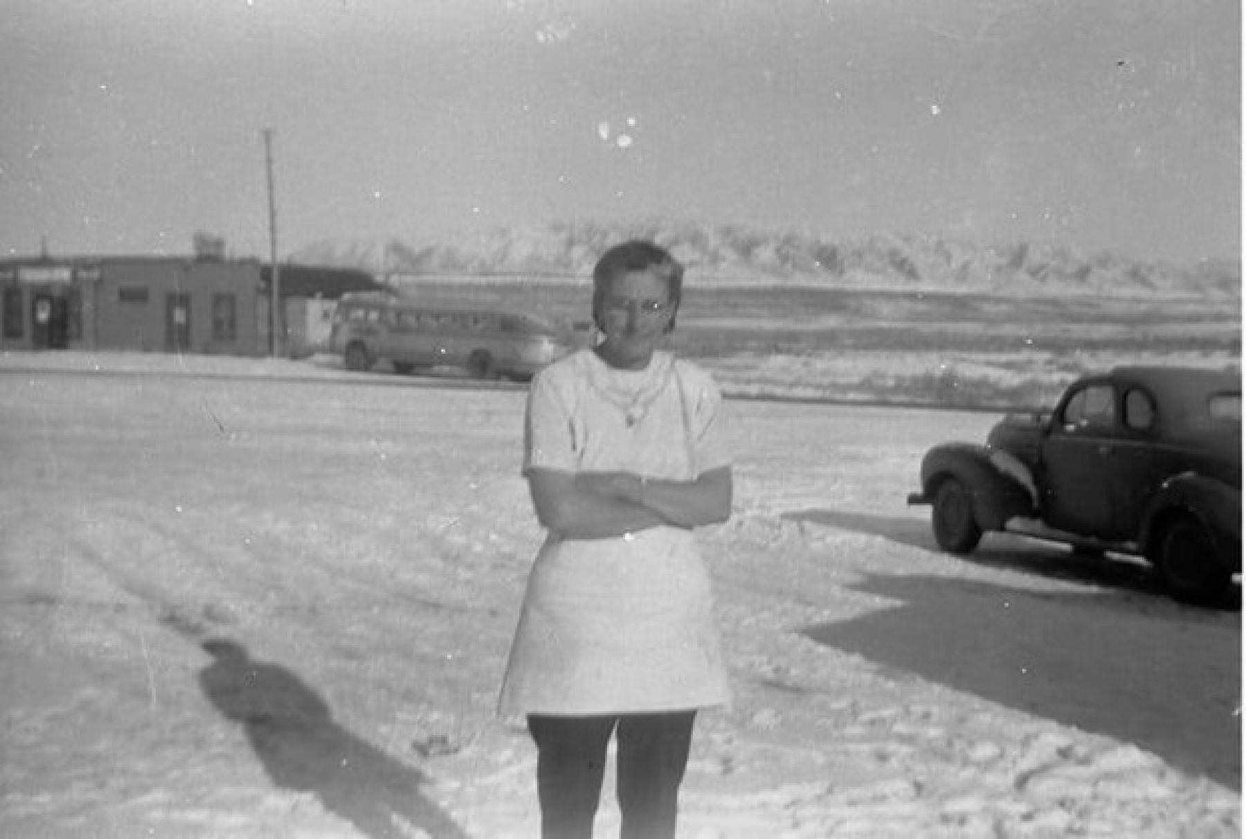 Elizabeth Knuth in front of the Lamont Cafe 1954 - note the bus parked behind her - h/t Carolyn Knuth Russell