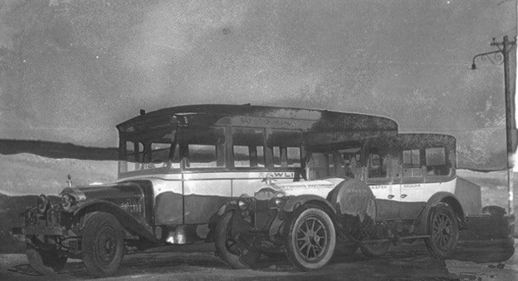Early buses parked at Lamont – h/t Wyoming State Archives