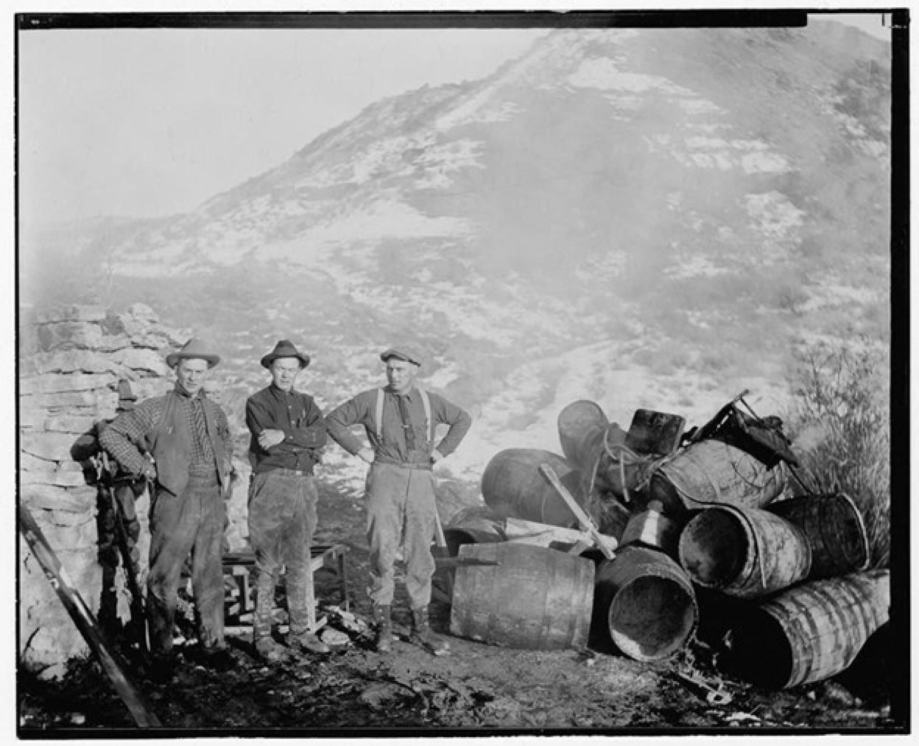 Whiskey barrels destroyed in a raid at Lamont 1924 – h/t Wyoming State Archives
