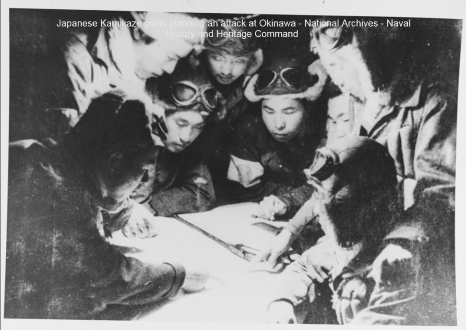 Japanese Kamikase pilots planning an attack at Okinawa.  National Archives.