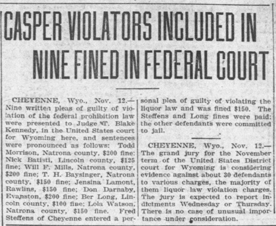 Bootleggers fined November 12, 1924 – h/t Wyoming Tribune 