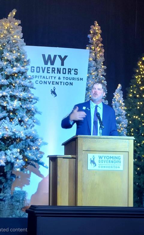Chris Brown, Wyoming Hospitality and Tourism Coalition Executive Director, addresses the attendees to the Wyoming Governor's Hospitality and Tourism Convention attendees Monday, February 23, 2026.